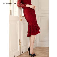 欧柏兰奴新款红色蕾丝高腰优雅半身裙鱼尾裙女中长款