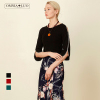 欧柏兰奴新款圆领露肩修身五分袖女上衣针织衫毛衣