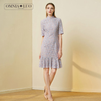 欧柏兰奴女装中国风盘扣立领优雅中长款蕾丝连衣裙鱼尾裙女