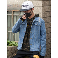 三弦(LA CORDE)春秋冬季蓝色牛仔外套男韩版破洞学生帅气衣服潮流宽松夹克LA-MF-1513