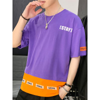 三弦(LA CORDE)2019新款撞色男士t恤夏季韩版宽松字母印花上衣LA-MD-9119