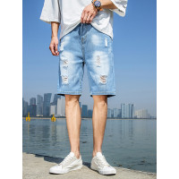 庄吉 2019夏季新款男潮流破洞宽松休闲五分裤韩版潮牌男装牛仔短裤JU-CY-B51