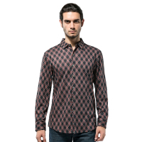 曼西尔奴男装格子衬衫男 青年修身方领寸衫简欧棉质格子衬衣