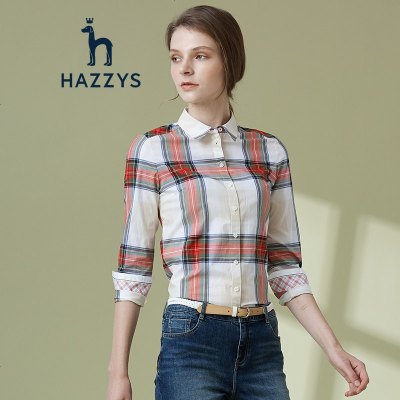 哈吉斯HAZZYS 春季新款女格子长袖衬衫 学院风修身衬衣