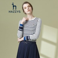 哈吉斯HAZZYS 春季 女装圆领海军风条纹衫长袖T恤