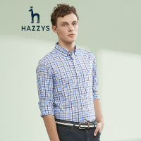 哈吉斯HAZZYS 春夏新款男士条纹格子衬衫男衬衣韩版纯棉长袖衬衫