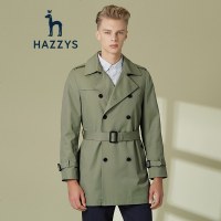 哈吉斯HAZZYS 春季新款纯色中长款双排扣风衣男