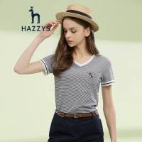 哈吉斯HAZZYS春夏女条纹修身T恤衫大V领刺绣短袖上衣浅粉色LP170/92A42