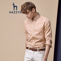 哈吉斯HAZZYS 秋冬衬衫男斜纹青年布舒适简约英伦商务修身长袖衬衫 橘色OR 170/92