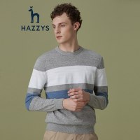 HAZZYS哈吉斯 春季新款男士圆领套头条纹针织衫学院风