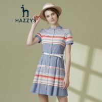哈吉斯HAZZYS 新款女连衣裙条纹修身高腰淑女裙子