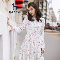 哈吉斯HAZYYS 春秋新款女装复古波点系带长袖连衣裙