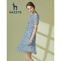 哈吉斯HAZZYS早春女新款连衣裙碎花高腰雪纺裙蓝L160/84A38