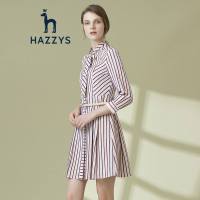 哈吉斯HAZZYS 春季新款女装九分袖条纹修身连衣裙淑女风