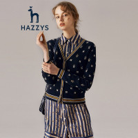 哈吉斯HAZZYS 秋季新款英伦都市风字母拼接开衫女士长袖针织衫 藏青色NV