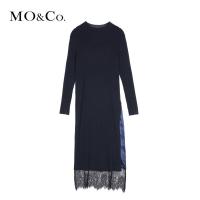MOCO秋冬新款中长款过膝 长袖蕾丝针织修身连衣裙女