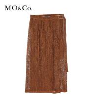 MOCO丝绒蕾丝百褶时尚中长款高腰半身裙 摩安珂
