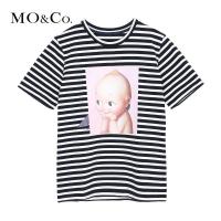 MOCO2018春季复古条纹短袖印花圆领T恤 摩安珂