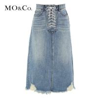 MOCO高腰绑带牛仔半身裙开叉中长款夏女a字裙2018新款港味复古