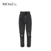 MOCO中腰纯棉破洞眼锥裤黑色牛仔裤 摩安珂