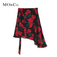 MOCO2018秋季玫瑰印花个性长腰带半身裙 摩安珂