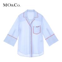 MOCO撞色辑边翻领钮扣七分喇叭袖刺绣休闲衬衫 摩安珂
