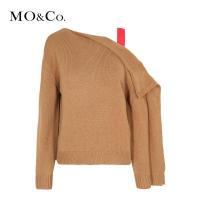 MOCO2018秋季单肩带斜露肩一字领毛衣 摩安珂