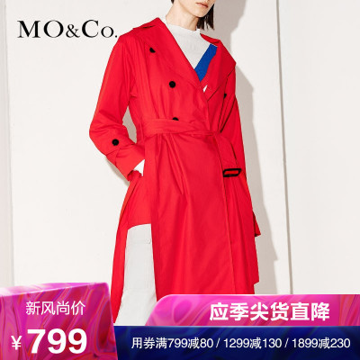 MOCO翻领双排扣口袋开衩系腰带中长款风衣外套 moco