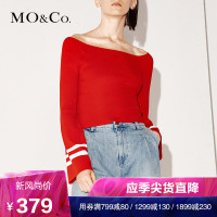 MOCO春装一字领毛衣女条纹喇叭袖短款毛针织衫 摩安珂