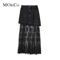 MOCO2018夏季高腰牛仔斜裁蕾丝拼接半身裙 摩安珂