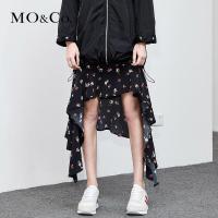 MOCO不规则碎花半身裙a字夏女高腰不对称2018新款中长款黑色显瘦