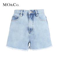 MOCO2018夏季磨白无收边高腰牛仔短裤 摩安珂