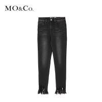 MOCO高腰铆钉洗水撕边修身九分牛仔裤 摩安珂
