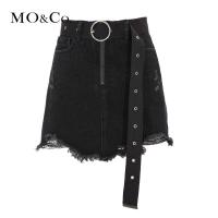 MOCO春A字chic女牛仔半身裙不规则短裙子黑色显瘦复古ins包臀裙