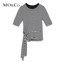 MOCO2018春季条纹绑结不规则衣摆七分袖T恤摩安珂