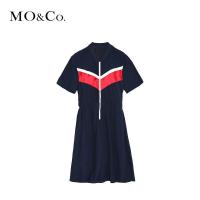 MOCO2018夏季棒球立领松紧腰条纹连衣裙 摩安珂