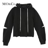 MOCO春秋破洞连帽套头长袖宽松纯白T恤潮女黑色摩安珂