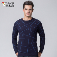 啄木鸟男士羊毛衫2019春秋时尚毛衣圆领针织衫男时尚印花线衫男装