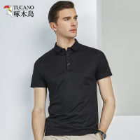 啄木鸟短袖T恤男 2019夏新款桑蚕丝绣花体恤中年纯色翻领polo衫