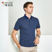 啄木鸟短袖T恤男 2019夏新款桑蚕丝提花体恤中年条纹翻领polo衫