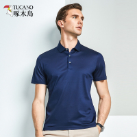 啄木鸟桑蚕丝短袖T恤男 2019夏新款提花体恤中年纯色翻领polo衫男