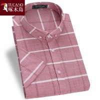 啄木鸟短袖衬衫男中青年夏季款纯棉商务休闲全棉上衣翻领格子衬衣