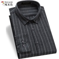 啄木鸟长袖衬衫男条纹2018秋季中青年商务衬衫修身型寸衫男上衣