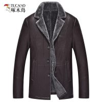 啄木鸟皮衣男 2018冬季新款纯色翻领时尚商务防寒服毛领皮外套男