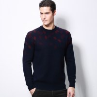 啄木鸟男士羊毛衫提花2018秋冬新款中年男士圆领毛衣纯羊毛针织衫