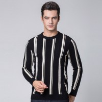 啄木鸟羊毛衫男2018秋冬新款中年圆领男装毛衣修身竖条纹针织线衫