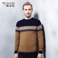啄木鸟男士圆领羊毛衫2018秋冬新款毛衣提花纯羊毛中年男装针织衫