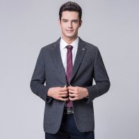 啄木鸟男士休闲西服外套2018秋冬新款纯色羊毛中长款修身商务西装