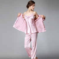 耀婷纺真丝睡衣女士秋季长袖长裤三件套装大码家居服