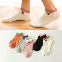 5双女士全棉船口猫头袜 透气吸汗新潮时尚 短筒袜1443